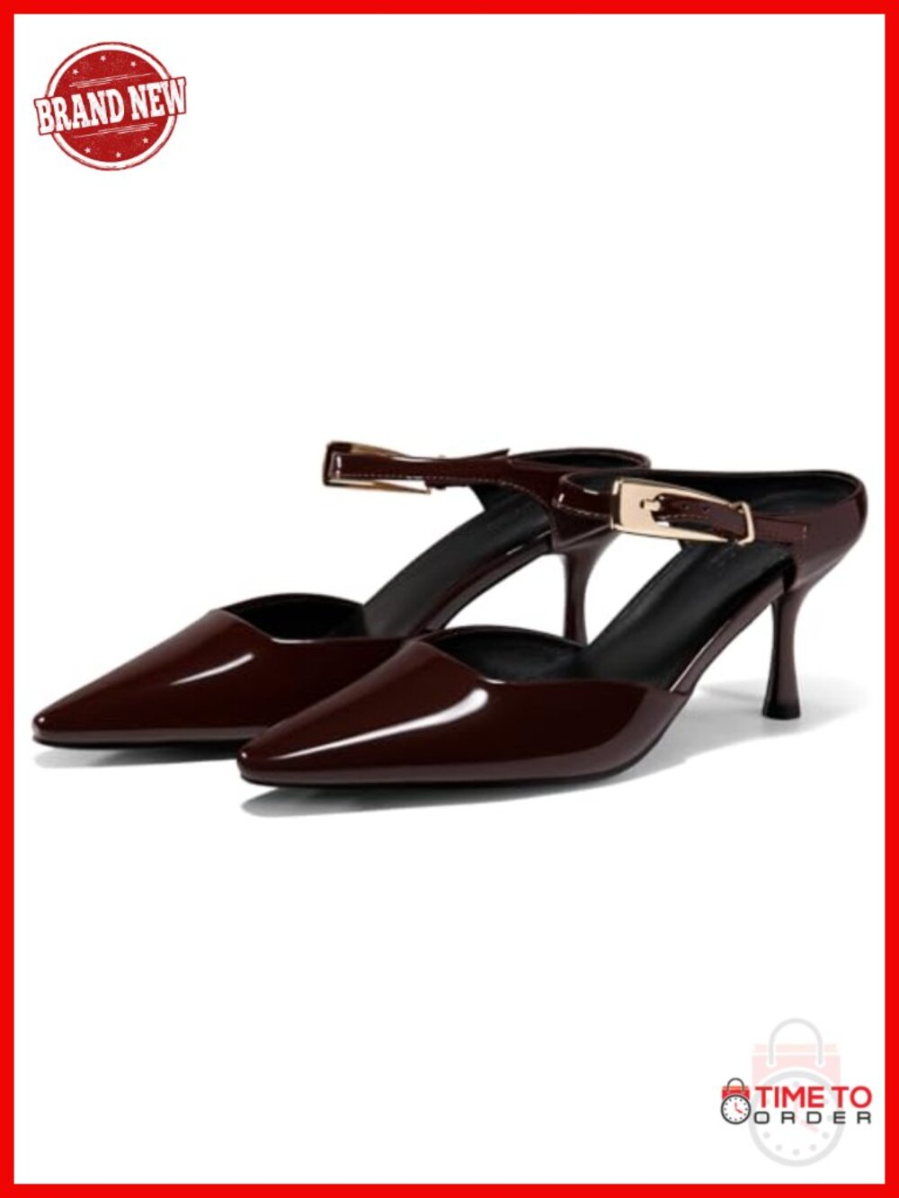 Faux Leather Pointed Toe Kitten Heel Mules Ankle Strap Slip On Dress Pumps